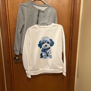 NEW Set of 2 tops: 1/4 zip grey & soft white w/blue dog crewneck small